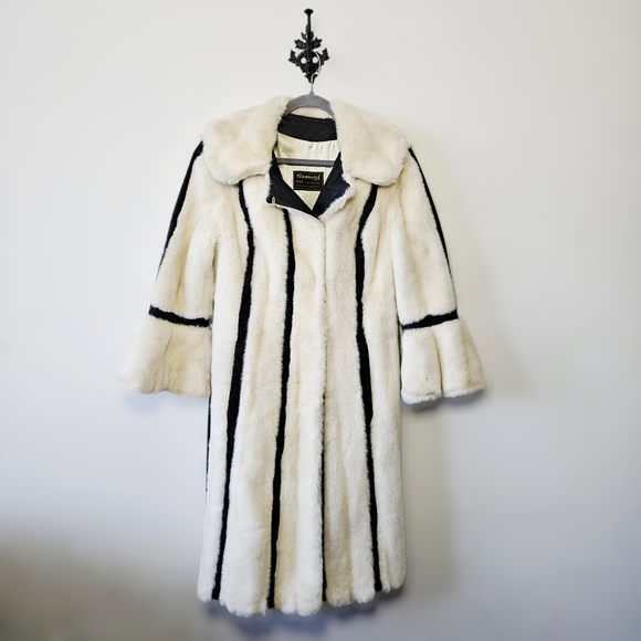 Vintage Faux Fur Leather Striped Coat Size S Tissavel of France - Picture 2 of 4